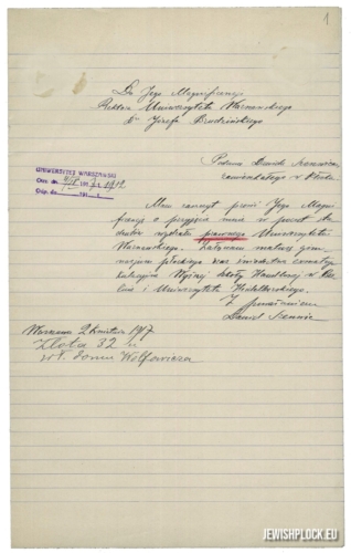 Application to the rector of the University of Warsaw and the biography of Dawid Szenwic, 1917 (source: Archives of the University of Warsaw, reference number RP 1770)